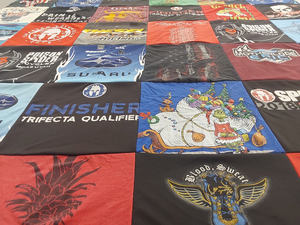 T-shirt quilt with fitness, racing themes by Shawn from CA