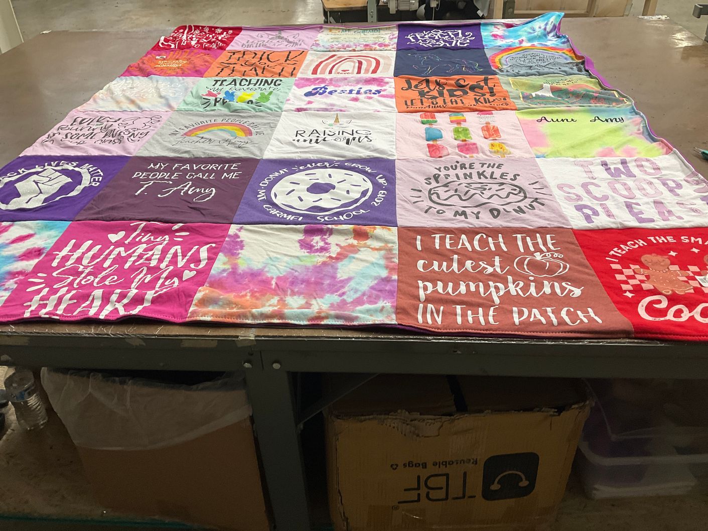 T-shirt quilt with education, teaching themes by Ernie from OR