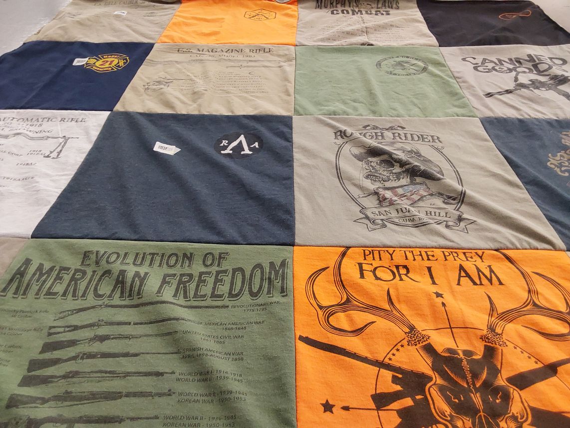 T-shirt quilt with history, hunting themes by Jeremy from NC