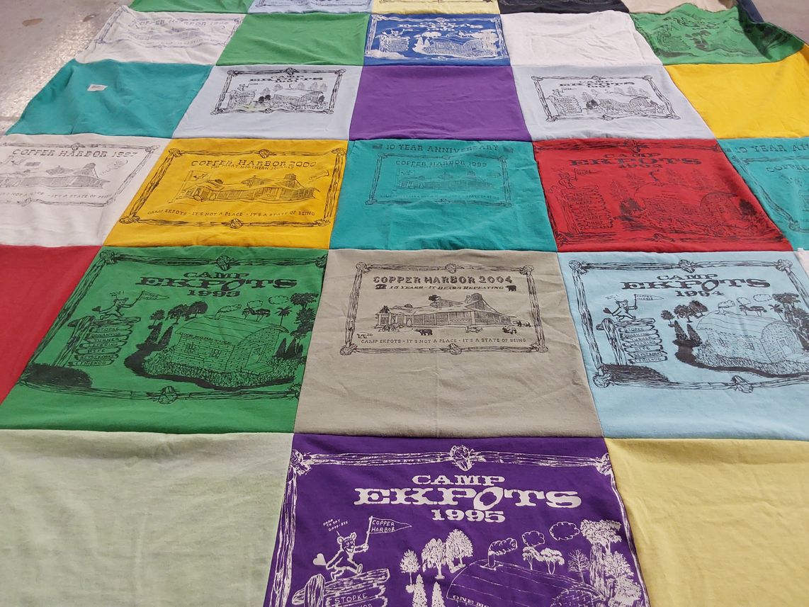 T-shirt quilt with camping, outdoor activities themes by Franklin from MI