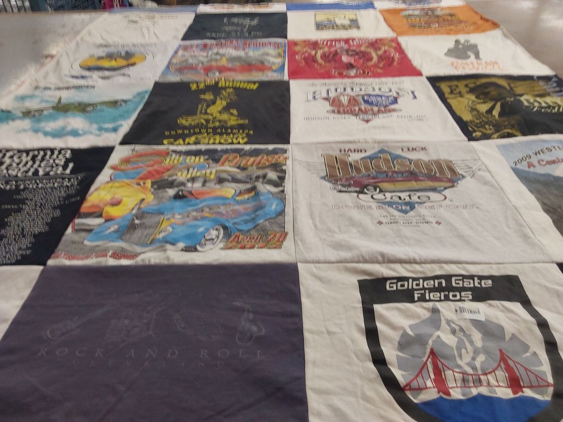 T-shirt quilt with cars, music themes by Alicia from CA