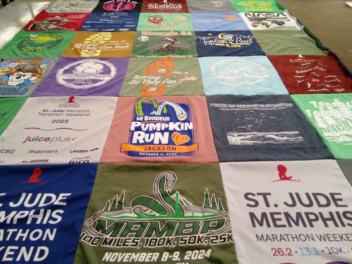 T-shirt quilt with running, marathons themes by Candace from TN