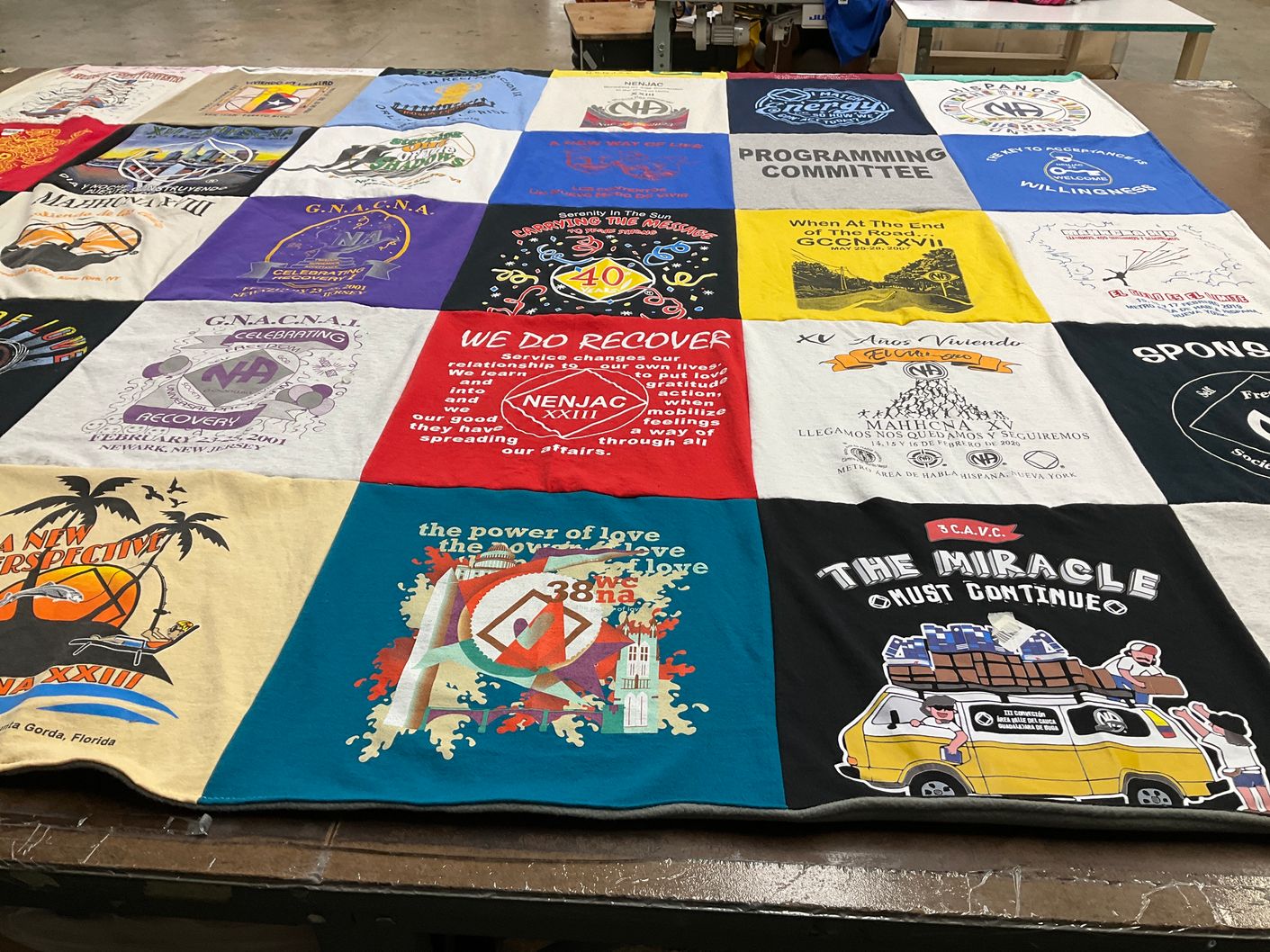 T-shirt quilt with addiction recovery, community service themes by Ruben from NJ