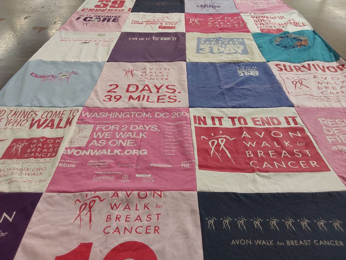 T-shirt quilt with breast cancer awareness, charity walks themes by Pamela from MD