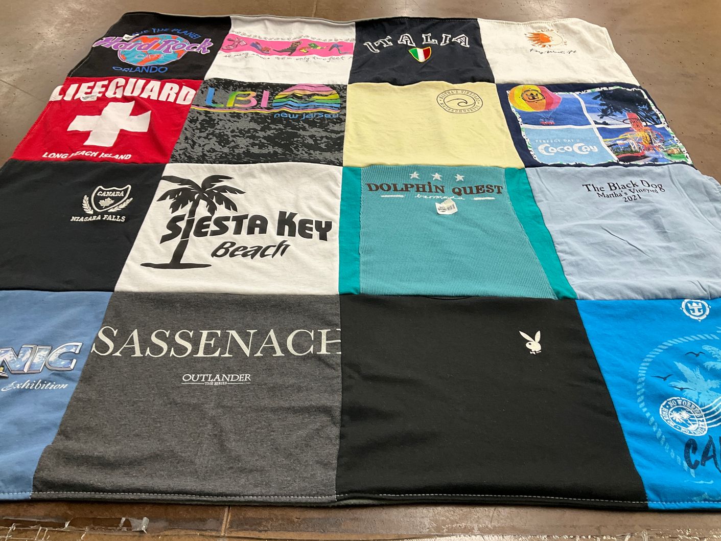 T-shirt quilt with travel, beaches themes by Debra from NJ