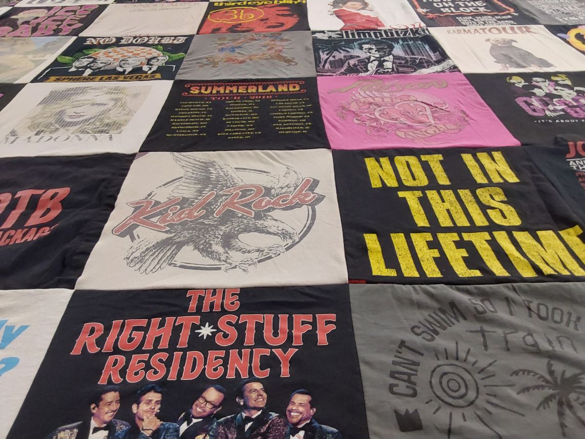 T-shirt quilt with music, concerts themes by Jamie from CA