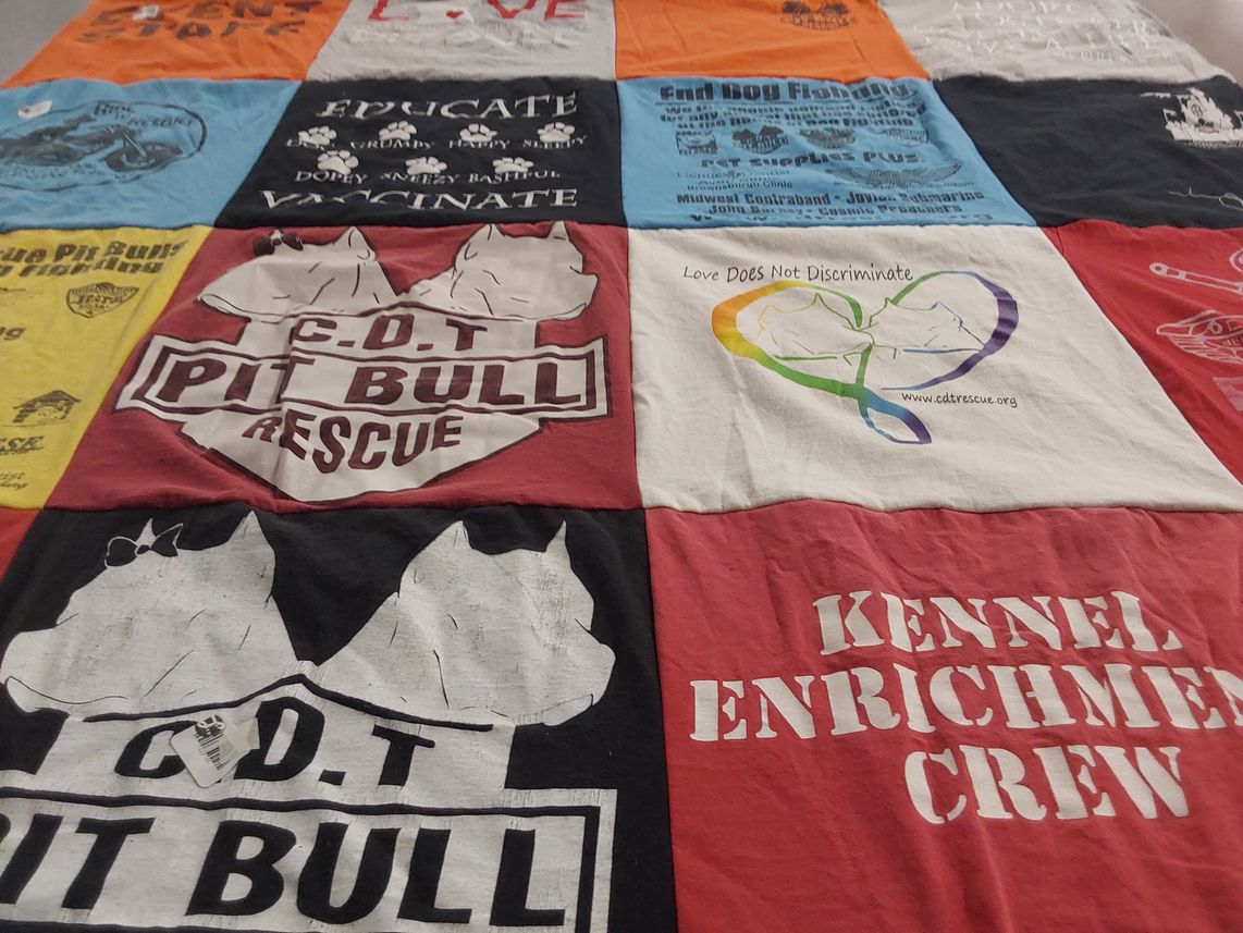 T-shirt quilt with animal welfare, dog rescue themes by Shawna from IN