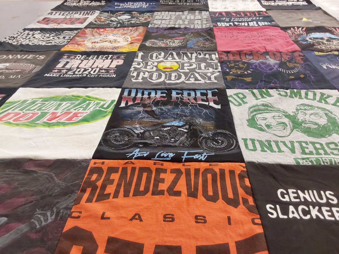 T-shirt quilt with politics, motorcycles themes by Heather from NY
