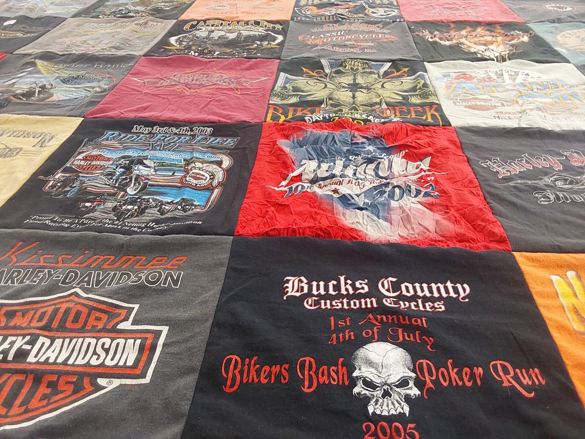 T-shirt quilt with motorcycling, biking themes by Kelli from FL