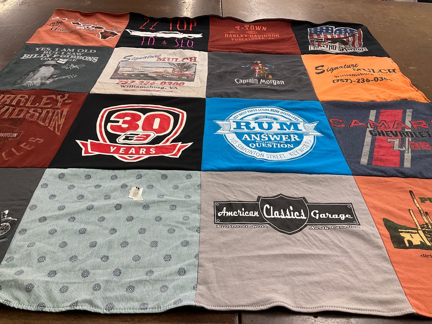 T-shirt quilt with motorcycles, rum themes by Zonia from VA