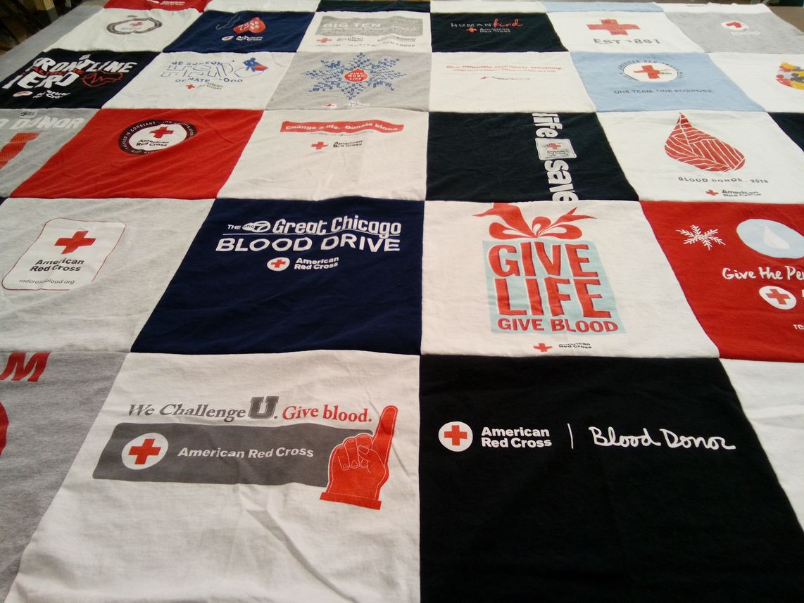 T-shirt quilt with blood donation, community service themes by Tari from IL
