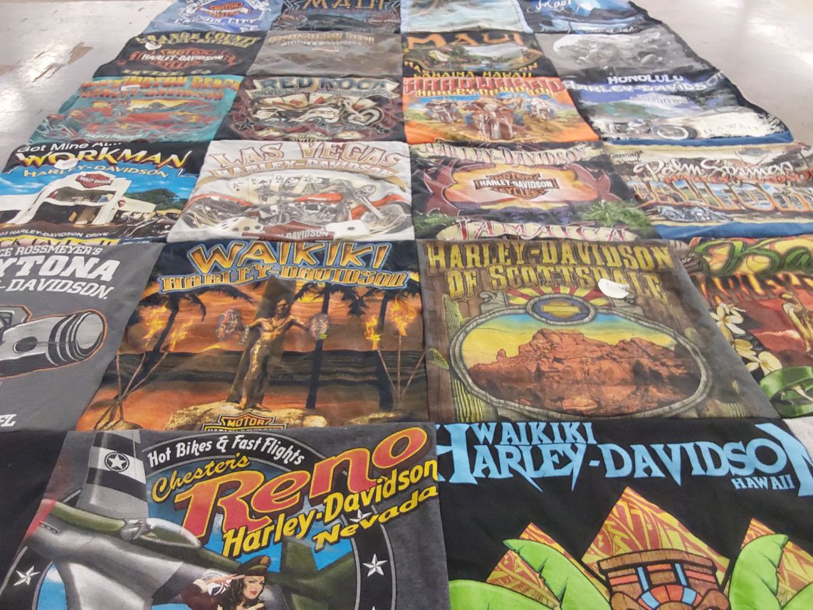 T-shirt quilt with motorcycling, travel themes by Jason from IL