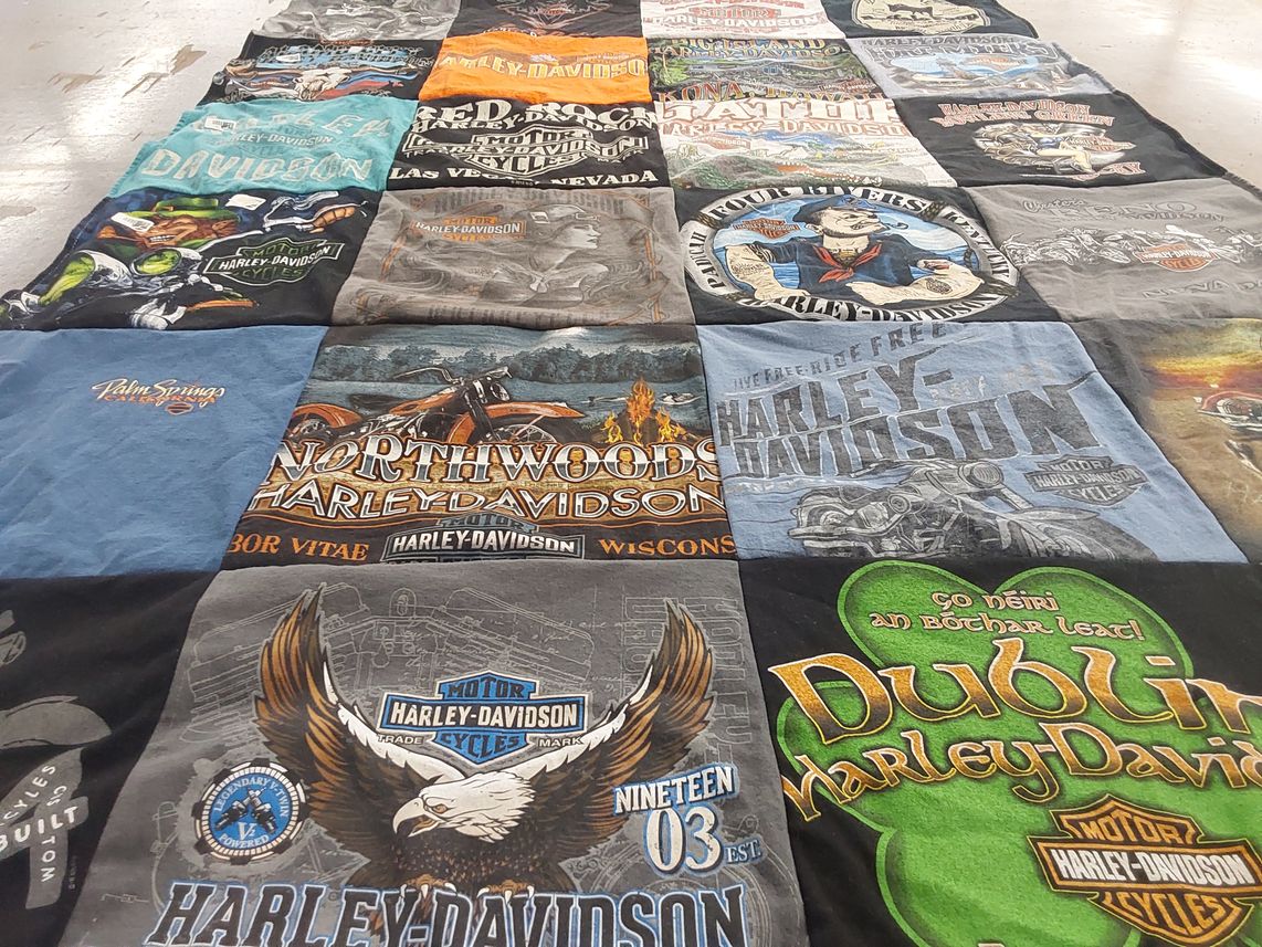 T-shirt quilt with motorcycles, biking themes by Jason from IL