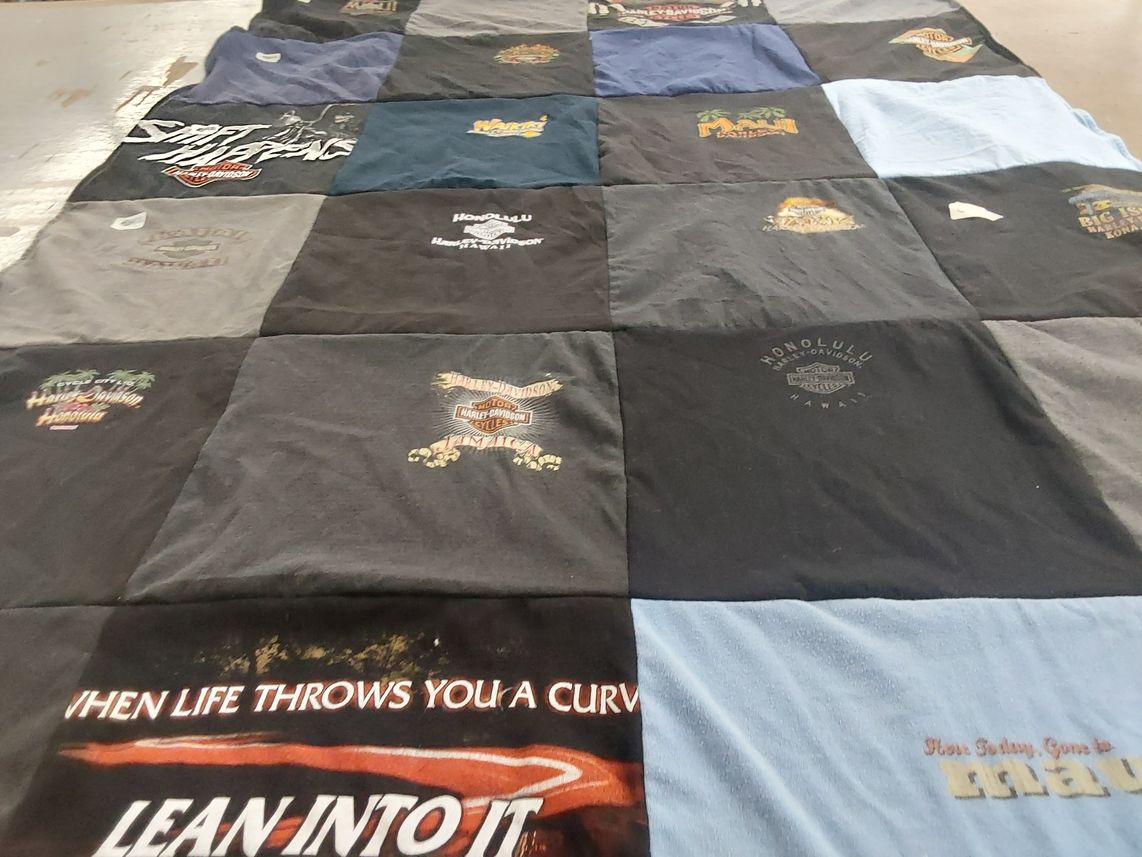 T-shirt quilt with motorcycles, travel themes by Jason from IL