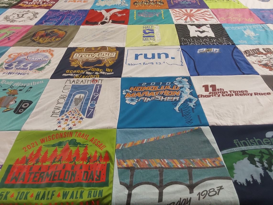 T-shirt quilt with running, marathons themes by Kristie from WI
