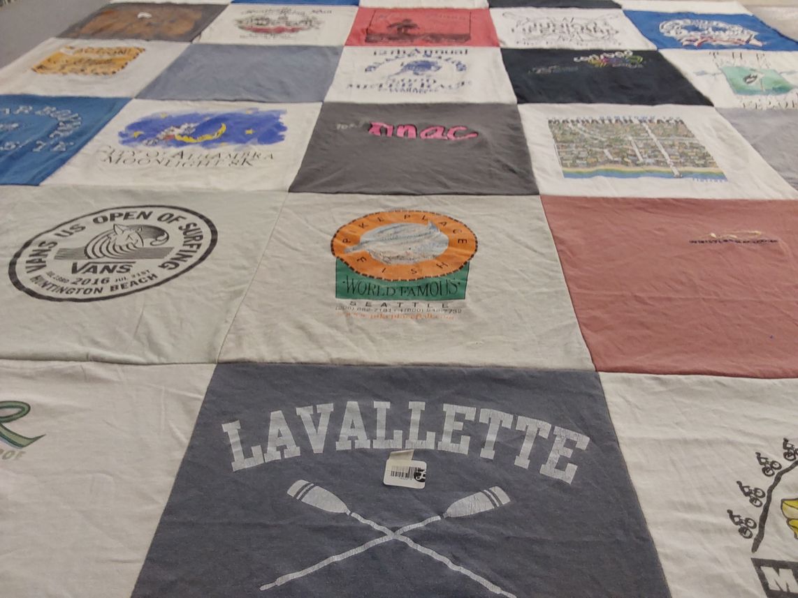 T-shirt quilt with surfing, beach themes by Susan from CA
