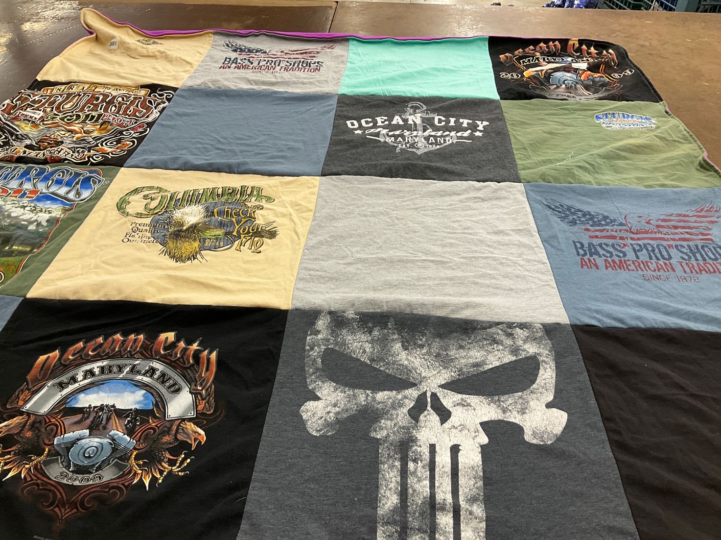 T-shirt quilt with fishing, motorcycles themes by Jamie from MD