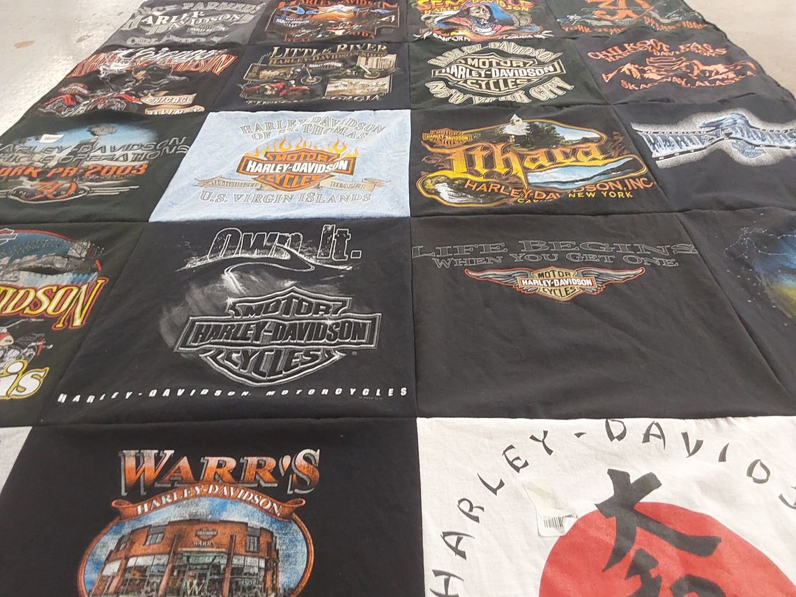 T-shirt quilt with motorcycles, biking themes by Dennis from FL