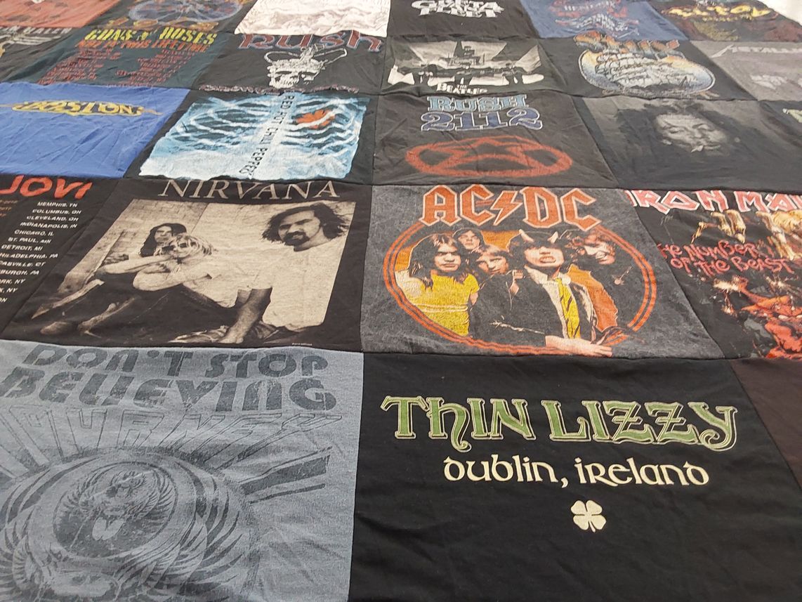 T-shirt quilt with music, rock themes by Scott from PA