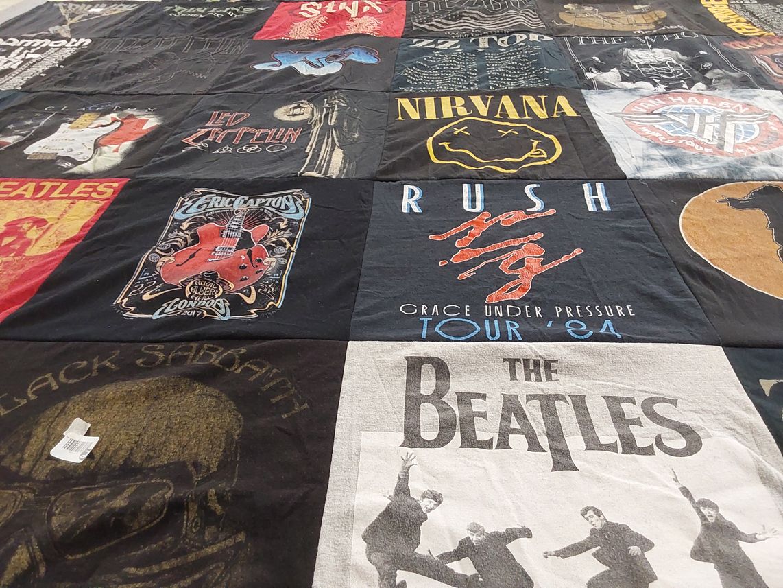 T-shirt quilt with music, rock themes by Scott from PA
