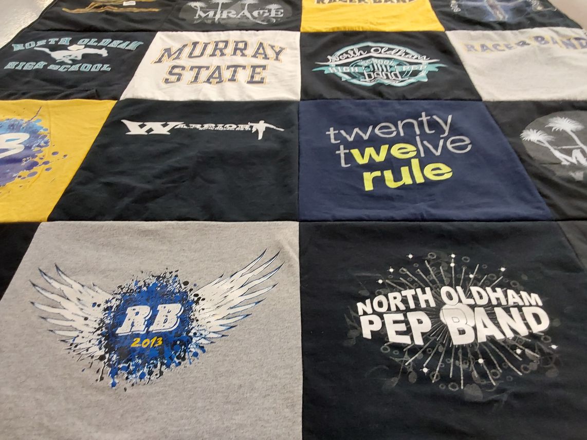 T-shirt quilt from north oldham high school, murray state university by Robin from KY