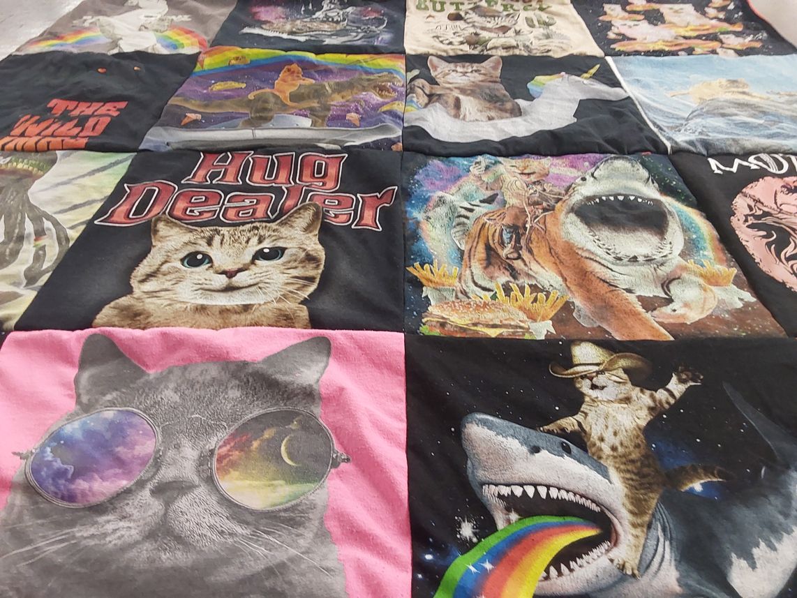 T-shirt quilt with cats, space themes by becky from CO