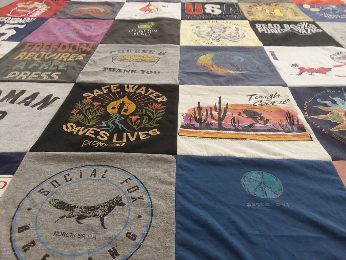 T-shirt quilt with environmental awareness, brewing themes by Tracey from OH