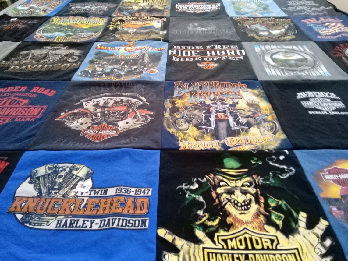 T-shirt quilt with motorcycles, biking themes by Kristie from MD