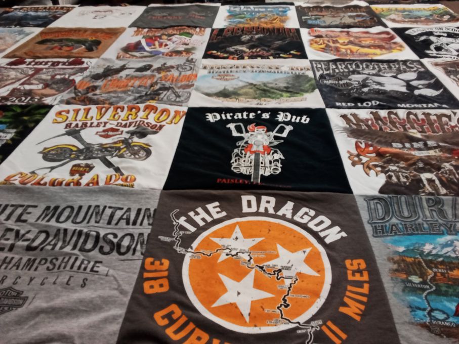 T-shirt quilt with motorcycles, biking themes by Joseph from FL