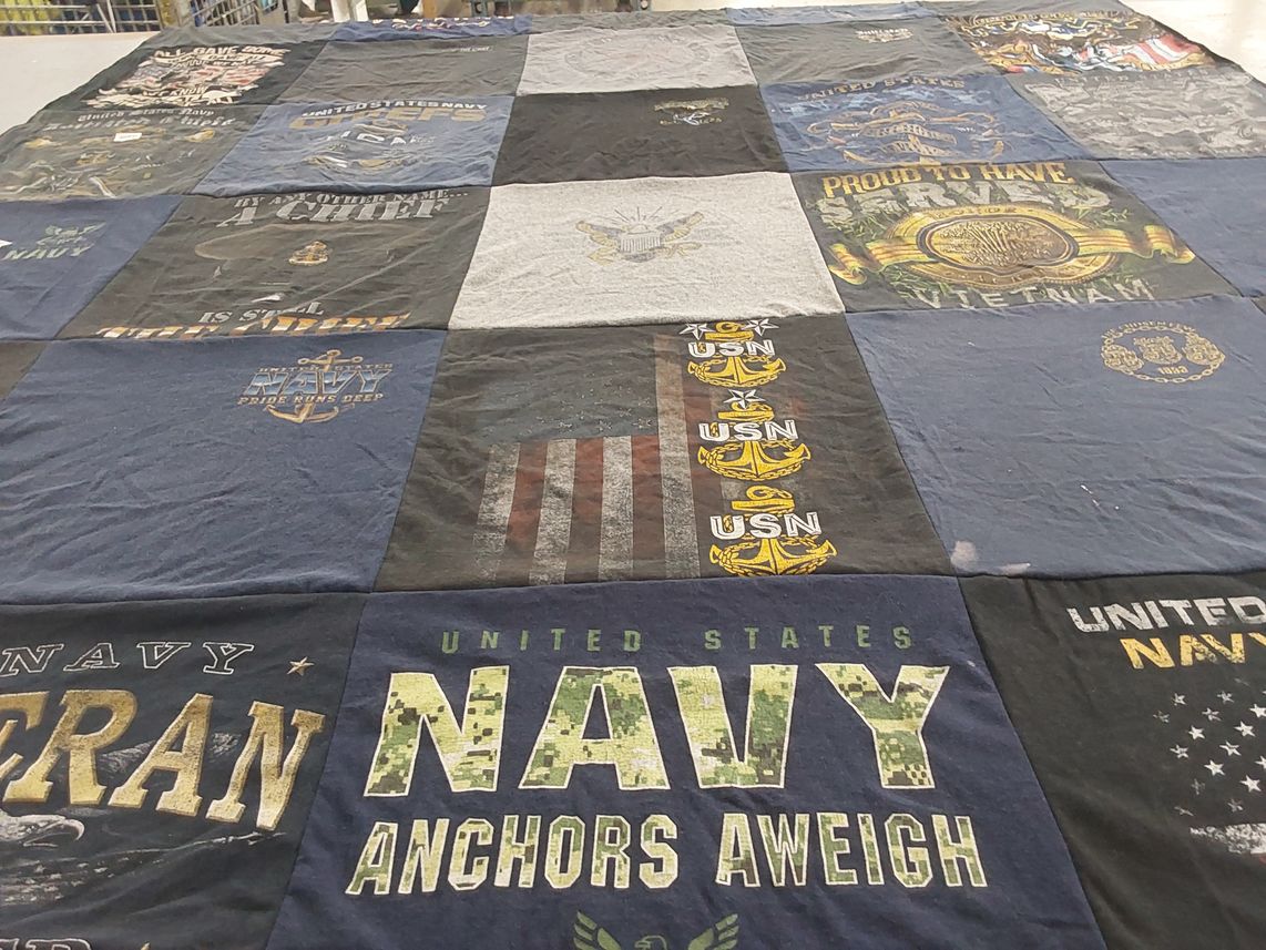 T-shirt quilt with military, navy themes by Michele from IN