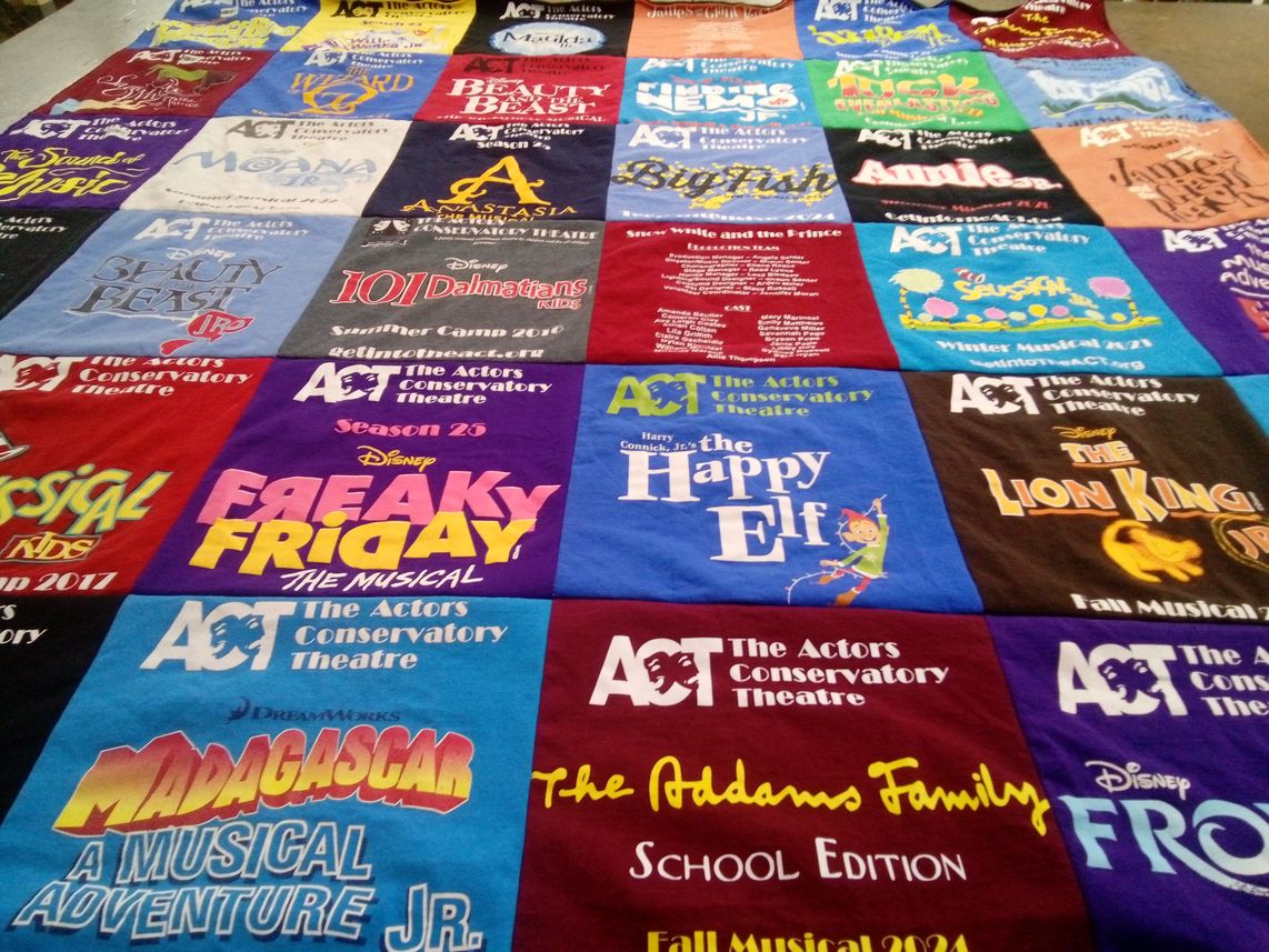 T-shirt quilt with theatre, musicals themes by Julie from TX