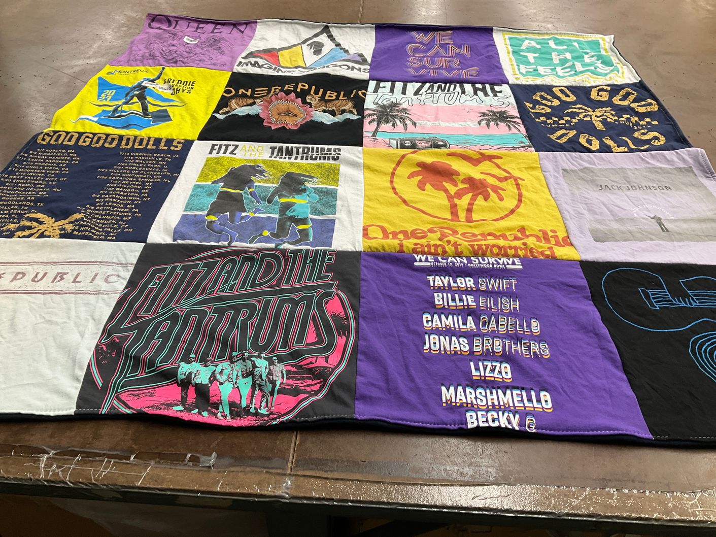 T-shirt quilt with music, concerts themes by Linda from CA