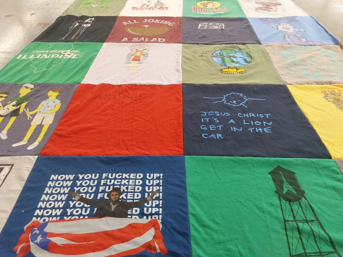 T-shirt quilt with comedy, art themes by Emily from NC