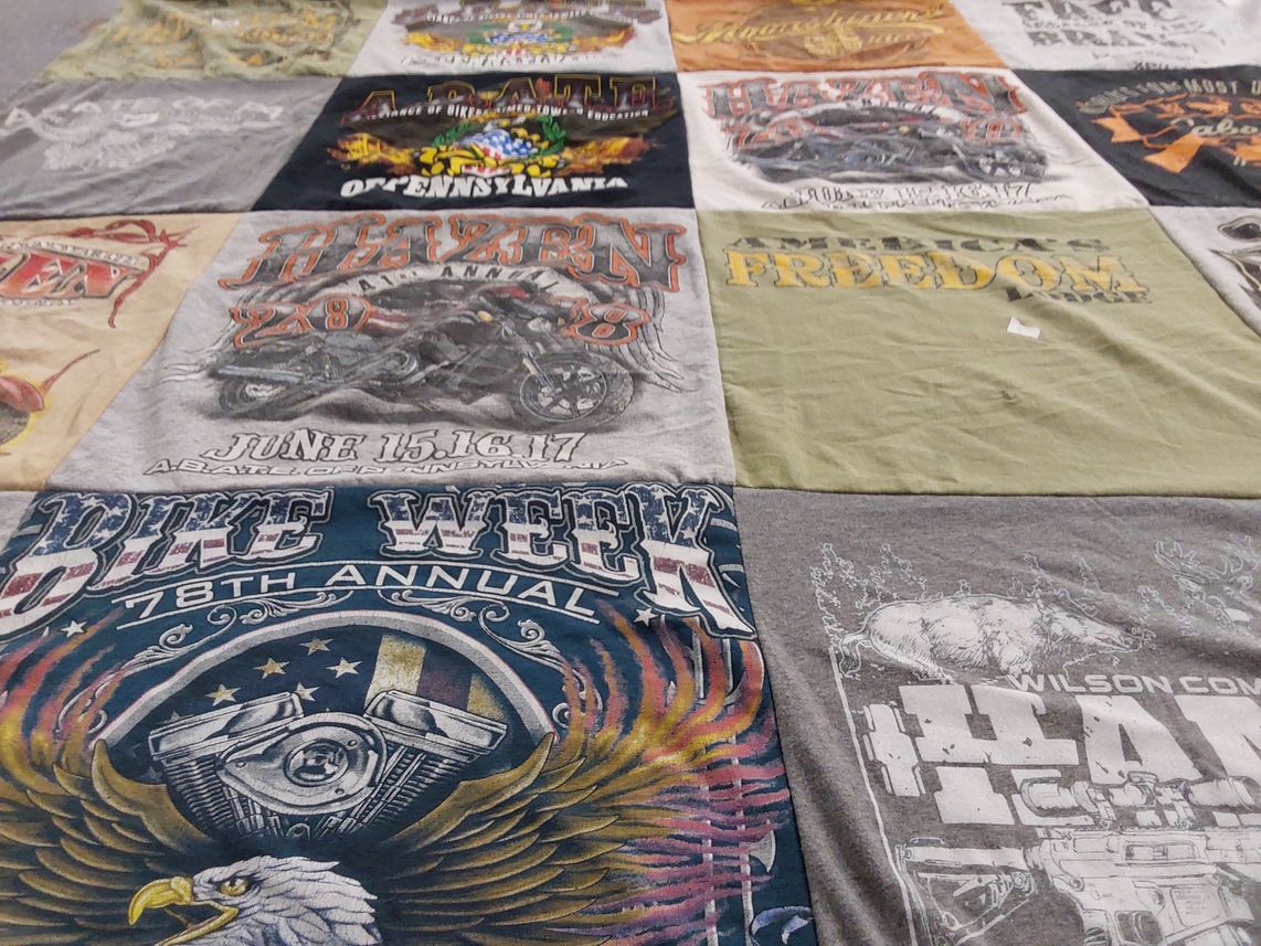 T-shirt quilt with motorcycling, biking themes by Emily from PA