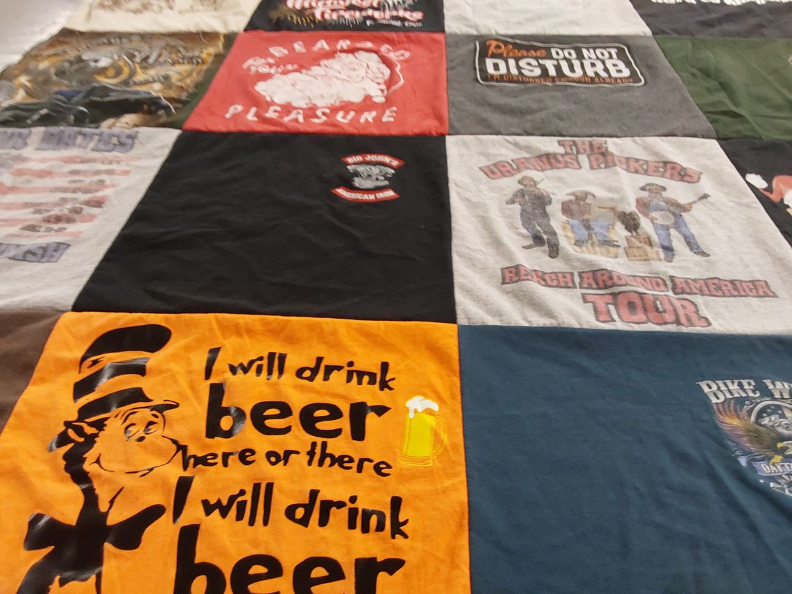 T-shirt quilt with motorcycles, beer themes by Emily from PA