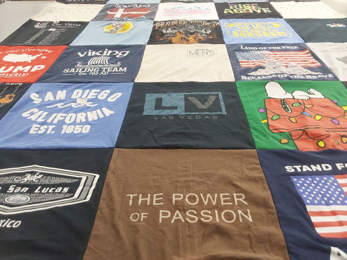 T-shirt quilt with sailing, travel themes by Georgia from CA