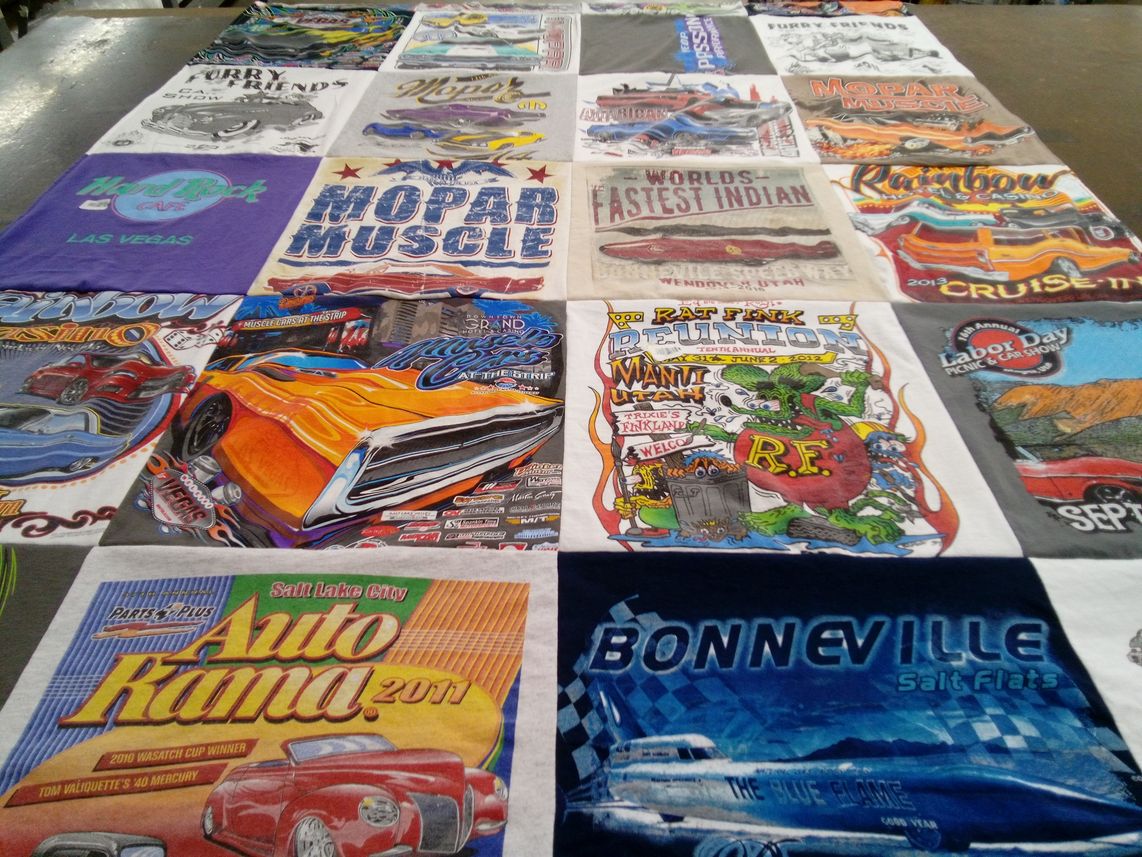 T-shirt quilt with car shows, automotive themes by Del from UT