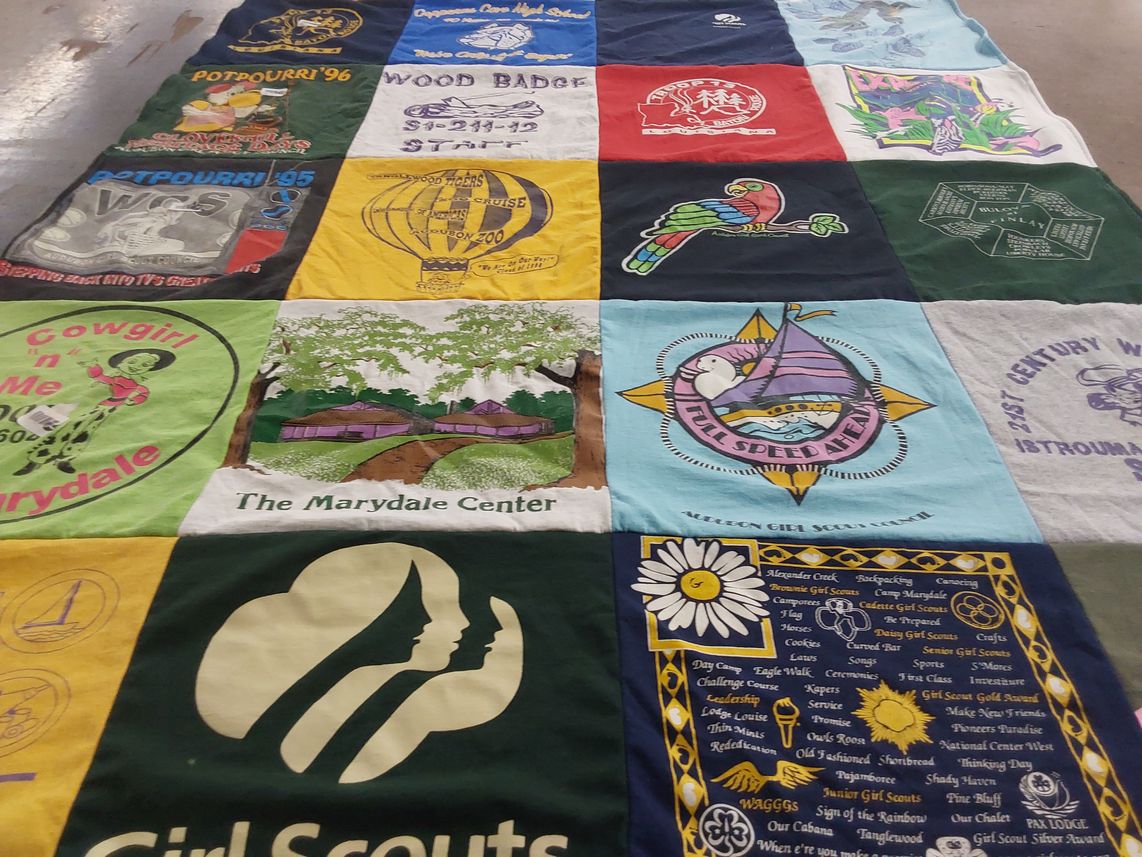 T-shirt quilt with scouting, youth activities themes by Ronda from LA