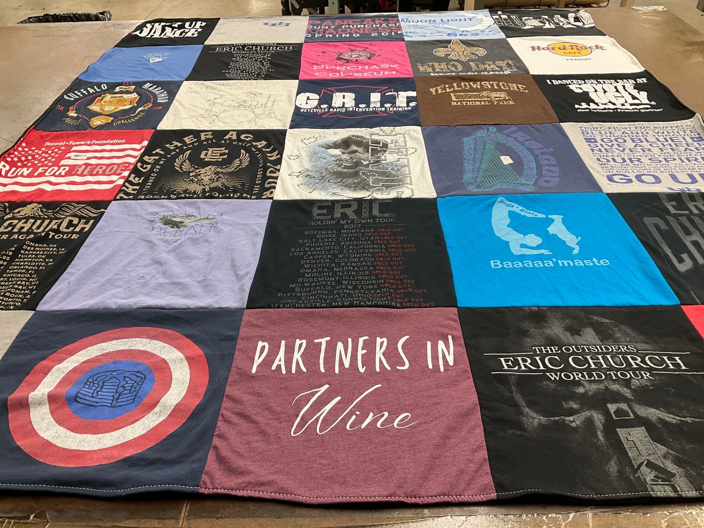 T-shirt quilt with music, concerts themes by Jessica from NY