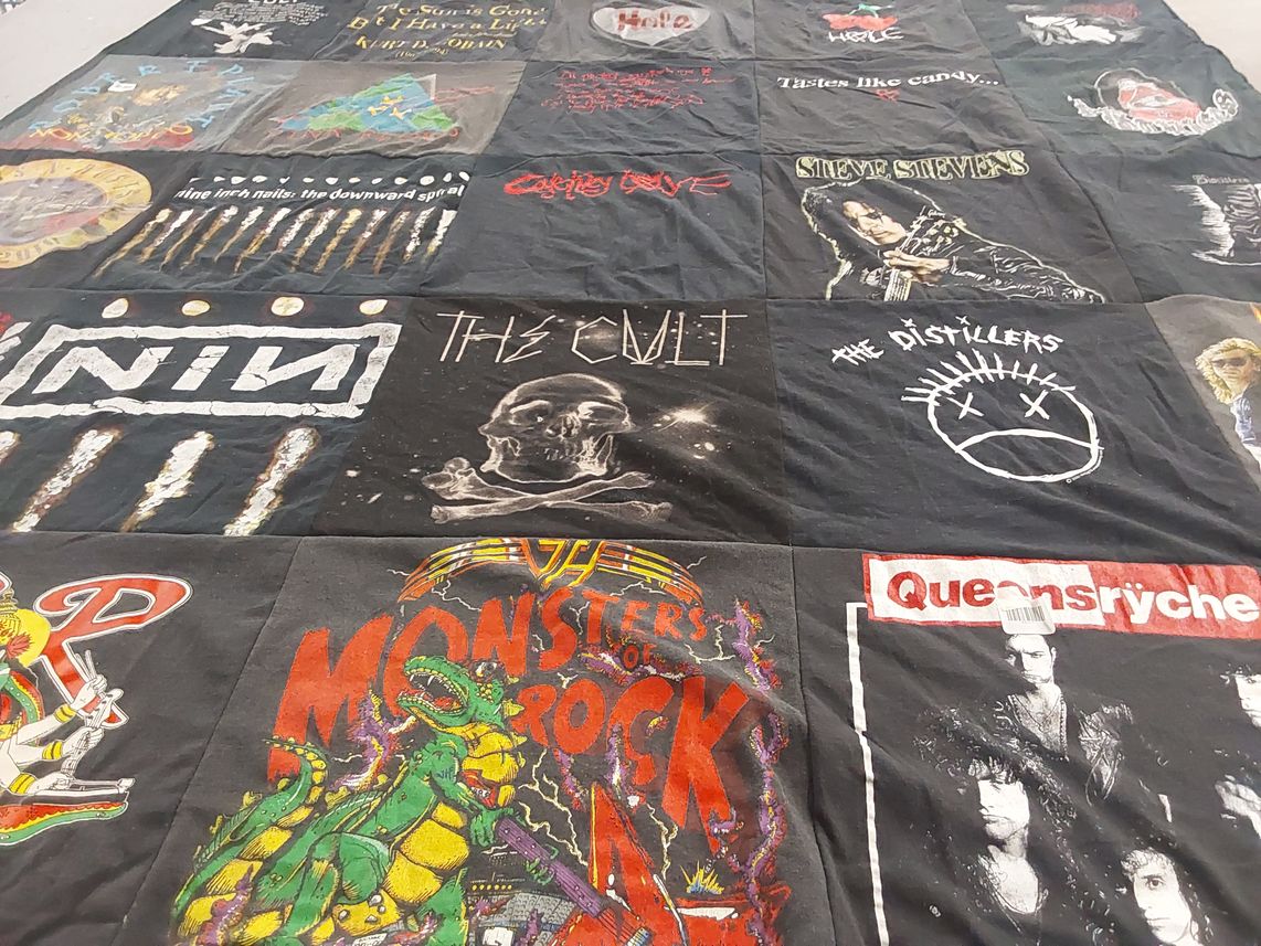 T-shirt quilt with music, rock themes by Valerie from FL