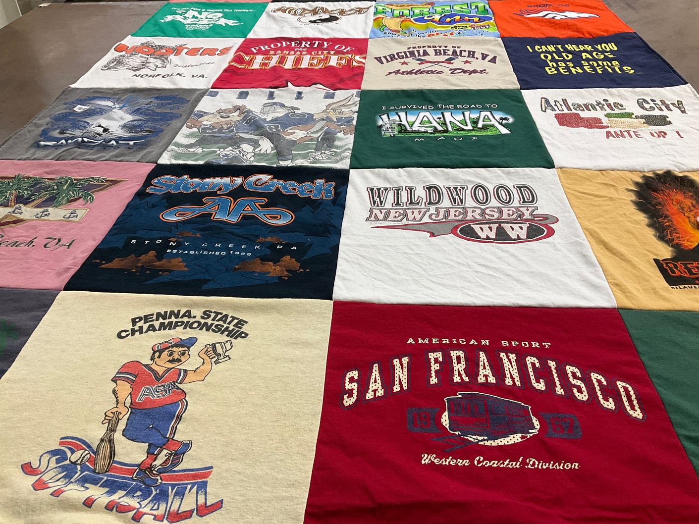 T-shirt quilt with beach, sports themes by Kathy from PA