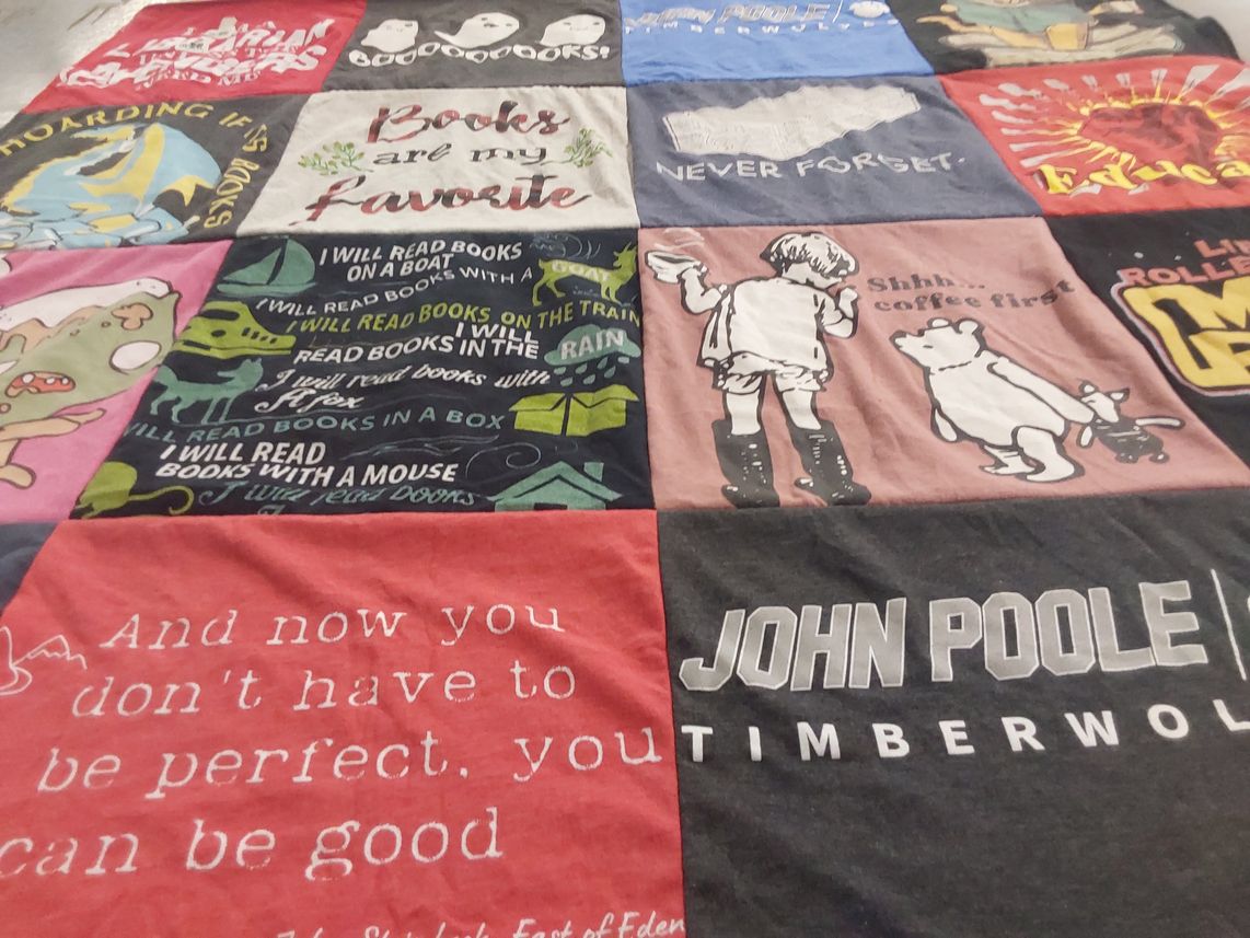 T-shirt quilt with reading, coffee themes by Lisa from MD