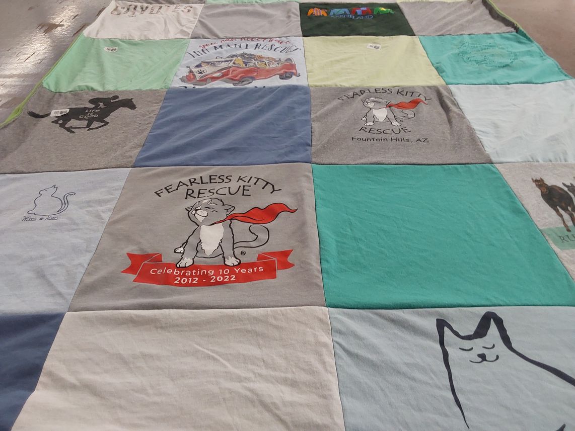 T-shirt quilt with animal rescue, cats themes by Camille from AZ