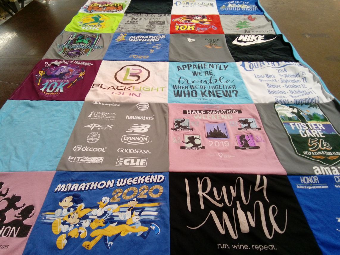 T-shirt quilt with running, events themes by Tracy from CO