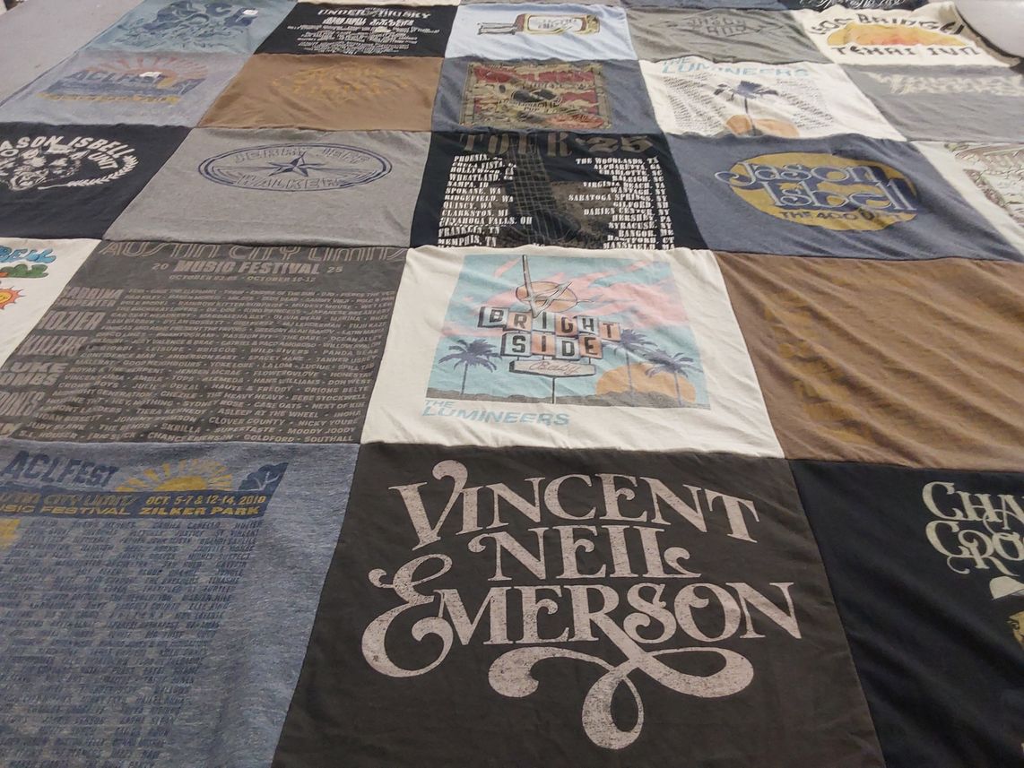 T-shirt quilt with live music, concerts themes by Billie from TX