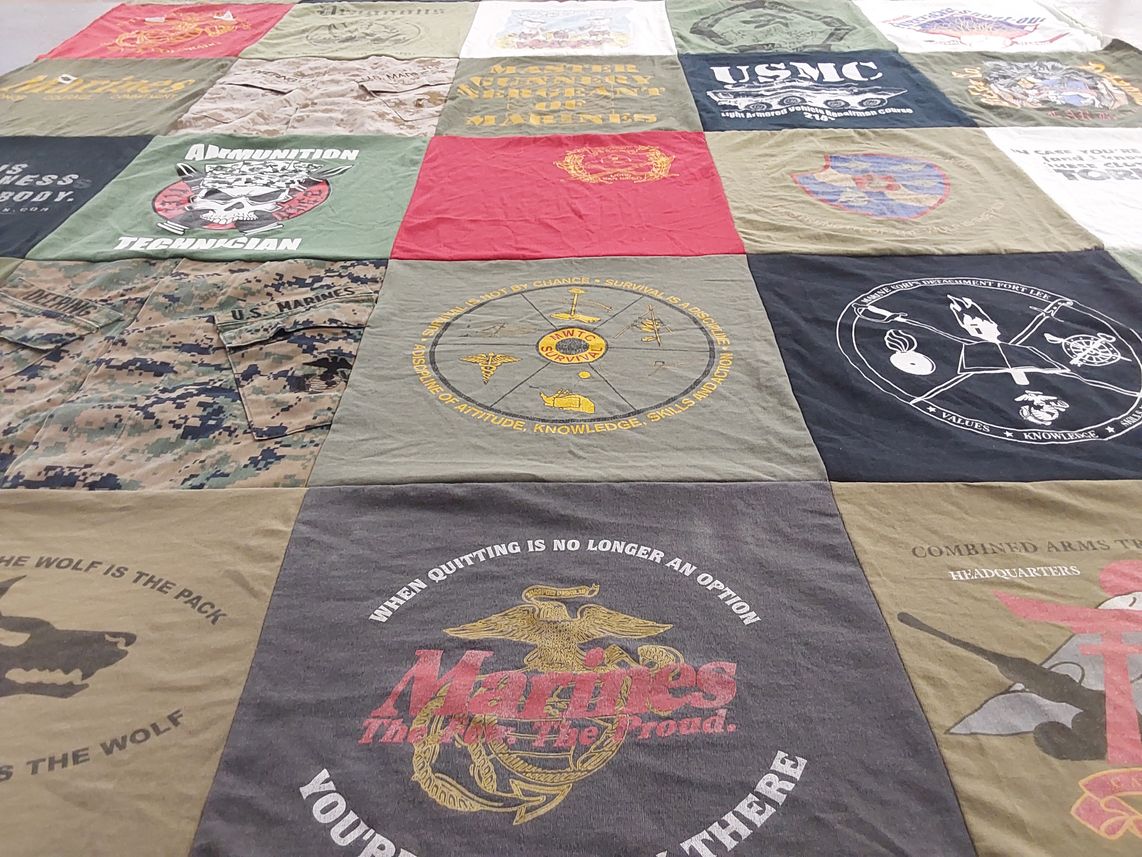 T-shirt quilt with military, marine corps themes by Jennifer from CA