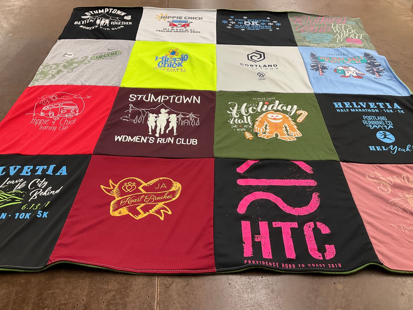 T-shirt quilt with running, marathons themes by Heather from OR