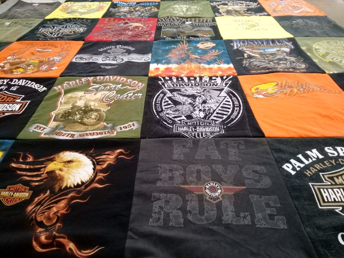 T-shirt quilt with motorcycles, biker culture themes by Lisa from MN