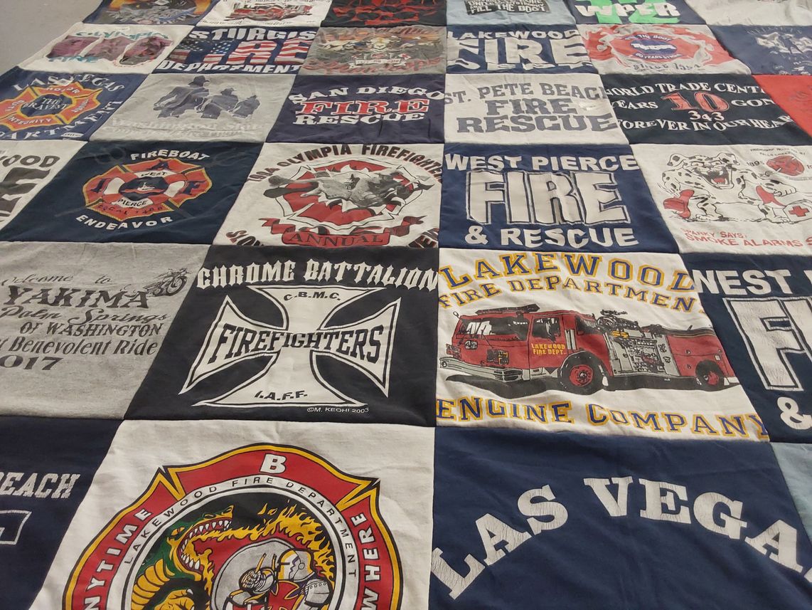 T-shirt quilt with firefighting, rescue operations themes by Michael from WA