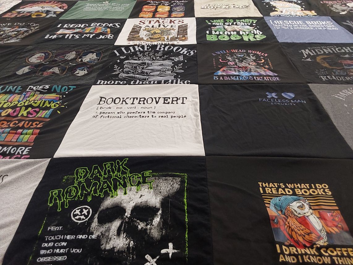 T-shirt quilt with reading, literature themes by Larissa from TX